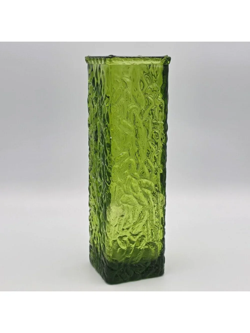 George Davidson Green Glass Vase Rectangular Shape MCM Decoration 8.75